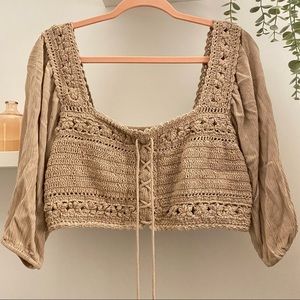 American Eagle Beige Crochet Puff Sleeve Boho Tasseled Crop Top Sz M